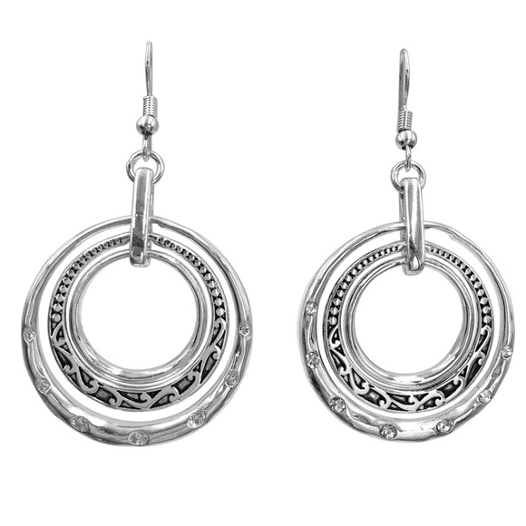 3 Ring Silver Tone Designer Inspired Balinese Style Dangle Earrings - Picture 1 of 3
